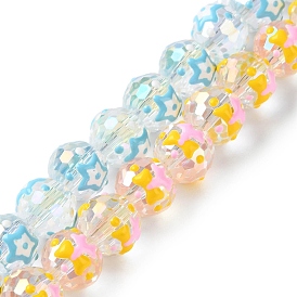 Brins de perles en verre émaillé transparent, rond à facettes avec motif