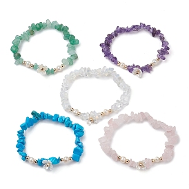 Mixed Gemstones Chip Beaded Plastic Flower Stretch Bracelets, with Natural Cultured Freshwater Pearl Beads