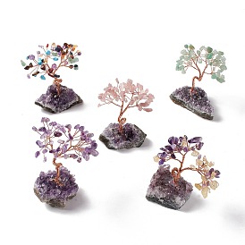 Natural Gemstone Tree Display Decoration, Druzy Amethyst Base Feng Shui Ornament for Wealth, Luck, Rose Gold Brass Wires Wrapped