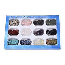 Natural & Synthetic Mixed Gemstone Dog Figurines Set, Ornament for Home Office Desktop Decoration, with Paper Gift Box