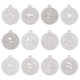 12Pcs 12 Style  304 Stainless Steel Pendants, Flat Round with Constellation