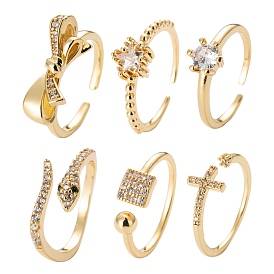 6Pcs 6 Style Adjustable Brass Micro Pave Clear Cubic Zirconia Cuff Rings, Open Rings, Solitaire Rings, Cross & Star & Square & Snake & Bowknot
