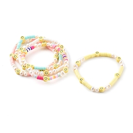 Handmade Polymer Clay Heishi Beaded Stretch Bracelets, with Natural Pearl Beads, Smiling Face