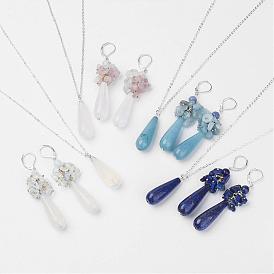Gemstone Jewelry Sets, Pendant Necklaces & Hoop Earrings, with Brass Findings, Drop
