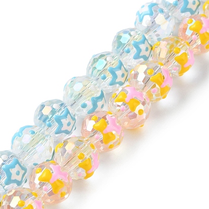 Transparent Glass Enamel Beads Strands, Faceted Round with Pattern