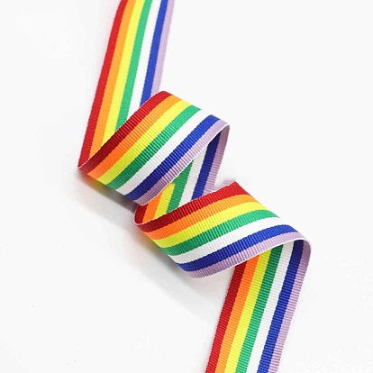 Rainbow Color Polyester Ribbon, Stripe Pattern, for Woven Bracelet Necklace Making