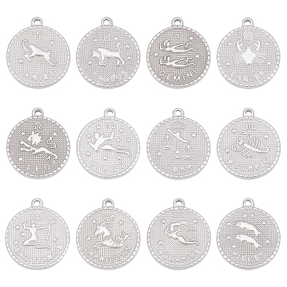 12Pcs 12 Style  304 Stainless Steel Pendants, Flat Round with Constellation