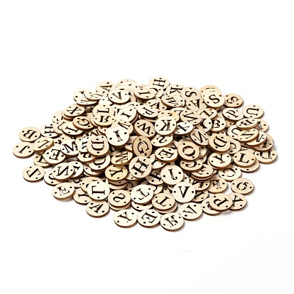 260pcs 26 Styles Unfinished Natural Poplar Wood Links Connectors, Laser Cut, Flat Round with Letter, with Jute Cord, for Jewelry Making