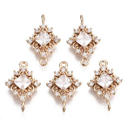 Brass Micro Pave Cubic Zirconia Links Connectors, Long-Lasting Plated, Rhombus, Light Gold