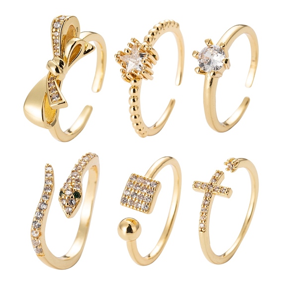 6Pcs 6 Style Adjustable Brass Micro Pave Clear Cubic Zirconia Cuff Rings, Open Rings, Solitaire Rings, Cross & Star & Square & Snake & Bowknot