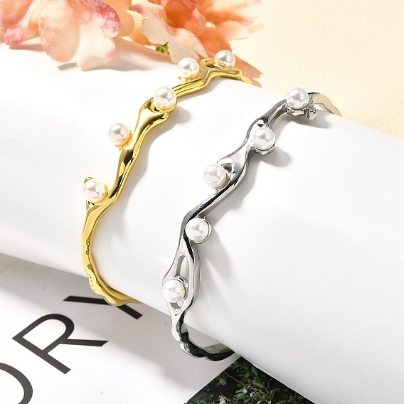 304 женские браслеты-манжеты из нержавеющей стали, с пластиковой жемчужины