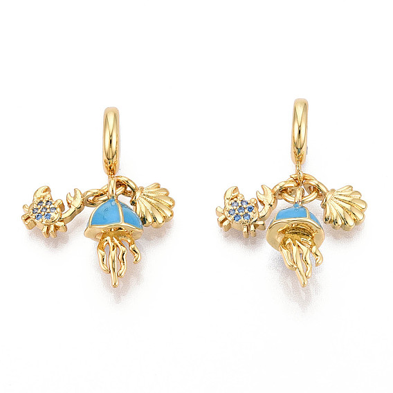 Латунь микропаве прозрачный кубический цирконий европейские подвески с подвесками, с эмалью, медуза, ракушка и краб, Подвески с большими отверстиями