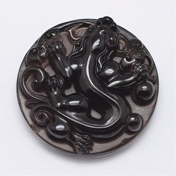 Natural Ice Crystal Obsidian Carven Pendants, Flat Round with Chinese Dragon
