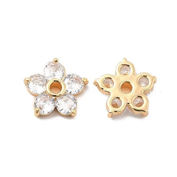 Brass Clear Cubic Zirconia Beads, 5-Petal Flower, Real 18K Gold Plated