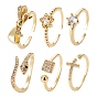 6Pcs 6 Style Adjustable Brass Micro Pave Clear Cubic Zirconia Cuff Rings, Open Rings, Solitaire Rings, Cross & Star & Square & Snake & Bowknot