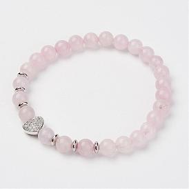 Natural Rose Quartz Stretch Bracelets, with Brass Micro Pave Cubic Zirconia Beads, Heart