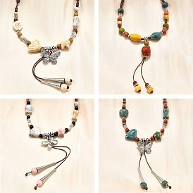Этнический стиль сплав и фарфор керамические бусины бабочка круглая подвеска кисточка y ожерелья, регулируемые вощеные ожерелья