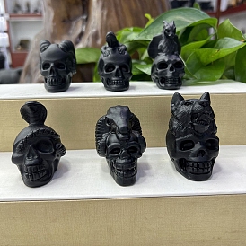 Natural Obsidian Carved Skull Figurines, for Home Office Desktop Feng Shui Ornament