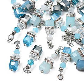 Faceted Transparent Glass Charms, with Platinum Plated Iron Findings and Jump Ring, Cube