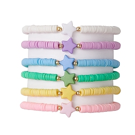 6Pcs 6 Colros Star Acrylic & Polymer Clay Beaded Stretch Kid Bracelet Sets, Stackable Bracelets for Girls