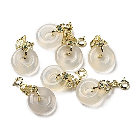 Natural White Agate Donut Pendant Decorations, Brass Ornaments with Spring Ring Clasps