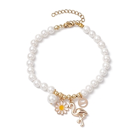 Spring Daisy Flower & Crane Charm Bracelets, 6mm Round Shell Pearl Beaded Bracelets for Women, Golden
