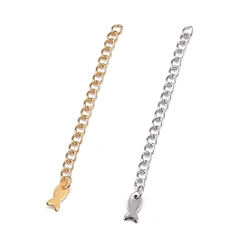 304 Stainless Steel Chain Extender, Curb Chain, with 202 Stainless Steel Charms, Fish