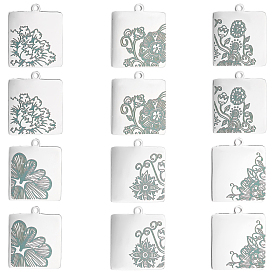 12Pcs 6 Styles 304 Stainless Steel Pendants, Square with Flower Pattern