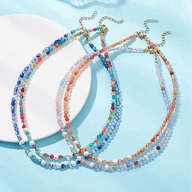 4 ожерелья из натурального агата (окрашенного и подвергнутого термической обработке), ограненных круглых и картофельных бусин из натурального жемчуга, золотые