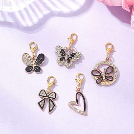 Подвески из сплава с эмалью, с застежками-карабинами и хрустальными стразами, сердце, бантик и бабочка