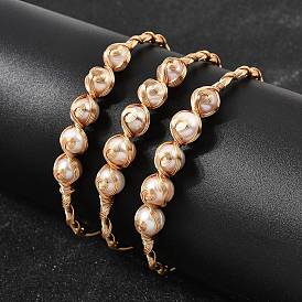 Браслеты-манжеты для женщин, обмотанные латунной проволокой и украшенные натуральным жемчугом., круглые, стойки покрытие, долговечный