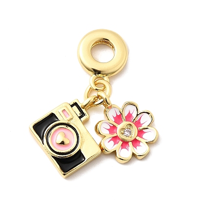 Латунь микропаве прозрачный кубический цирконий европейские подвески с подвесками, с черной и белой эмалью, Подвески с большими отверстиями, без кадмия и без свинца, камера и цветок