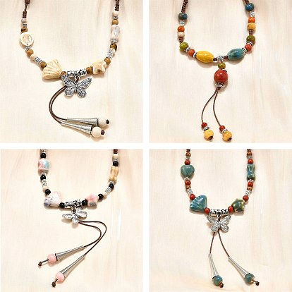 Этнический стиль сплав и фарфор керамические бусины бабочка круглая подвеска кисточка y ожерелья, регулируемые вощеные ожерелья