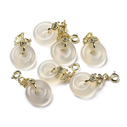 Natural White Agate Donut Pendant Decorations, Brass Ornaments with Spring Ring Clasps