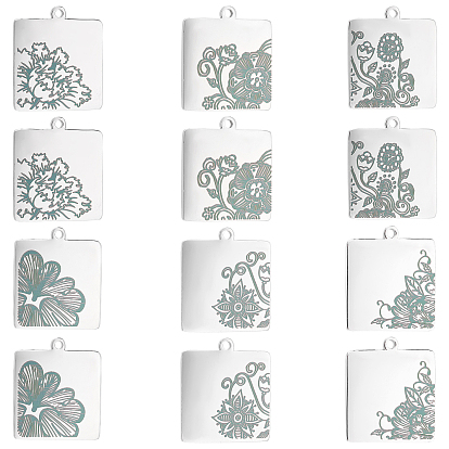 12Pcs 6 Styles 304 Stainless Steel Pendants, Square with Flower Pattern