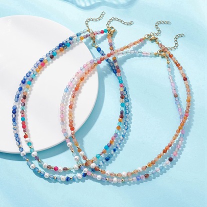 4 ожерелья из натурального агата (окрашенного и подвергнутого термической обработке), ограненных круглых и картофельных бусин из натурального жемчуга, золотые