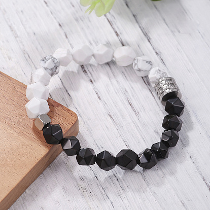 Эластичные браслеты из синтетического многоугольного говлита и натурального черного агата, 304 Ювелирные изделия из нержавеющей стали и стразов для мужчин и женщин