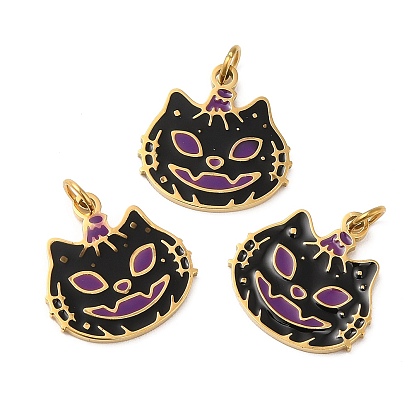 Halloween Ion Plating(IP) 304 Stainless Steel Charms, with Enamel and Jump Ring, Golden, Cat Charm