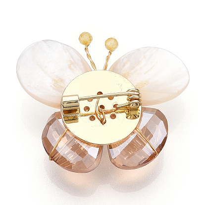 Natural Shell & Crystal Pave Cubic Zirconia Butterfly Brooches for Women, with Brass Pearl Pins