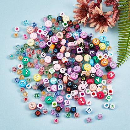 240G 8 Style Acrylic Beads, Flat Round & Cube with Mixed Pattern