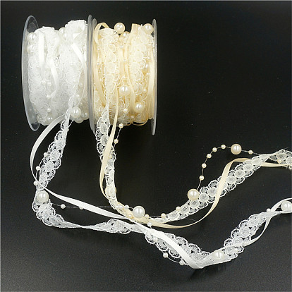 5M Polyester Lace Trims, with Imitation Pearl Beads