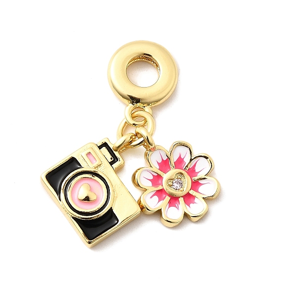 Латунь микропаве прозрачный кубический цирконий европейские подвески с подвесками, с черной и белой эмалью, Подвески с большими отверстиями, без кадмия и без свинца, камера и цветок