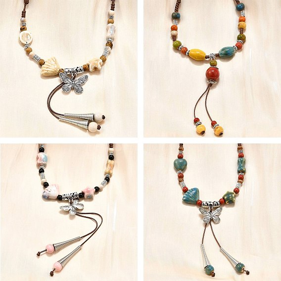 Этнический стиль сплав и фарфор керамические бусины бабочка круглая подвеска кисточка y ожерелья, регулируемые вощеные ожерелья