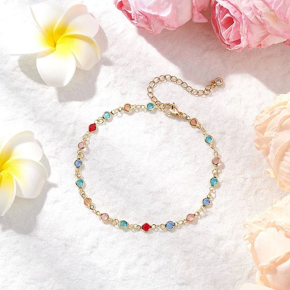 Браслеты на ногу из цветной плоской круглой цепочки с латунью и стеклом