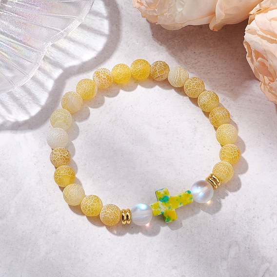 Женские браслеты из бусин из синтетического лунного камня и натурального матового выветренного агата, с синтетическим бирюзовым крестом