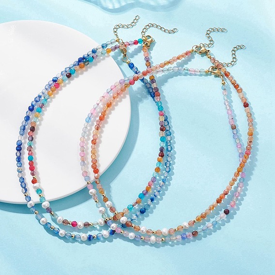 4 ожерелья из натурального агата (окрашенного и подвергнутого термической обработке), ограненных круглых и картофельных бусин из натурального жемчуга, золотые