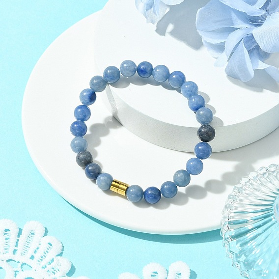 Натуральный синий авантюрин бусины эластичные браслеты для женщин мужчин, с золотыми 304 бусинами из нержавеющей стали