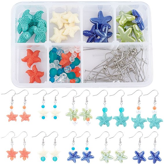 DIY Starfish Shape Dangle Earring Making Kits, with Synthetical Coral Beads, Handmade Porcelain Beads, Glass Beads, Brass Earring Hooks