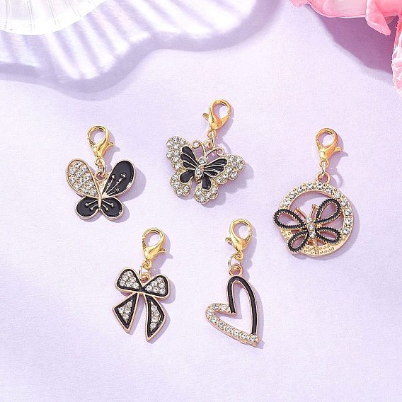 Подвески из сплава с эмалью, с застежками-карабинами и хрустальными стразами, сердце, бантик и бабочка