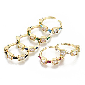 Brass Micro Pave Cubic Zirconia Cuff Rings, Open Rings, Real 18K Gold Plated, Nickel Free, Square